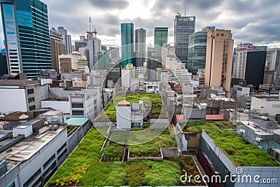 green rooftops surrounded by bustling cityscape, with tall buildings and busy streets in the background Stock Photo