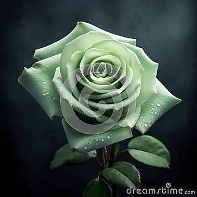 Sage Green Rose With Water Droplets - Uhd Image In Pastel Gothic Style Stock Photo