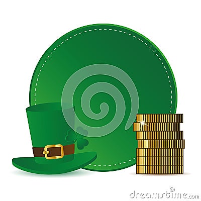 Green round label with hat clover and golden coins for St. Patricks Day Vector Illustration