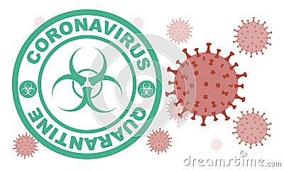 Green round stamp. Coronavirus covid -19 , 2019-nCoV quarantine with virus cells on the background Vector Illustration