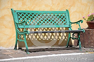 Green rustic bench Stock Photo