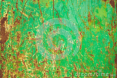 Green rusty and grungy metal iron plate wall with ferric oxide rust red color and with green peeling coating paint and scratches Stock Photo