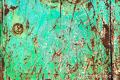 Green rusty and grungy metal iron plate wall with the typical ferric oxide red color and with green peeling coating paint Stock Photo