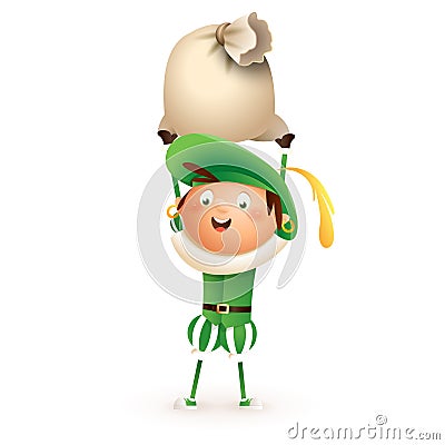 Green Saint Nicholas helper with gift bag - isolated on white background Vector Illustration