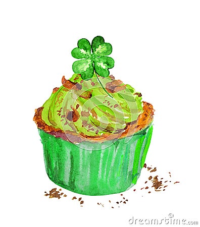 Green Saint Patrick`s cupcake with lucky trefoils 4 clover leaves. Watercolor Stock Photo