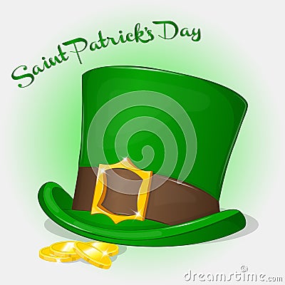 Green Saint Patrick`s Day hat with coins. Background for St. Patrick`s day in cartoon style. Vector Illustration