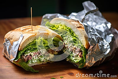 green salad sandwich, partially unwrapped from foil Stock Photo