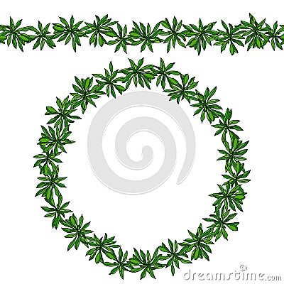 Green Savory Leaves Socket Endless Brush, Border. Herbs and Spices Shop Logo. For Summer Cuisine, Health Care, Invitations, Greeti Stock Photo