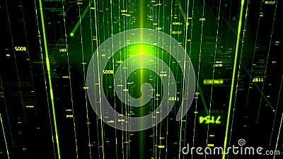 Green sci fi tunnel with green matrix effect. Animation. 3D flight through cyberspace on black background with neon Stock Photo
