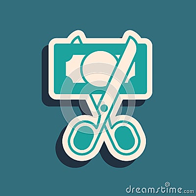 Green Scissors cutting money icon isolated on green background. Price, cost reduction or price reduction icon concept Vector Illustration