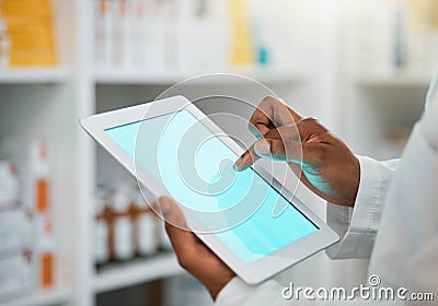 Green screen, pharmacist or hands with tablet mockup space for inventory inspection or stock check at pharmacy. Closeup Stock Photo