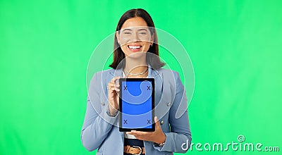 Green screen portrait, business tablet and happy woman presentation of logo design, web promo or corporate brand Stock Photo