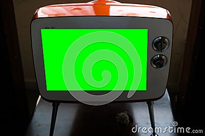 Green screen on a Rectangular White vintage TV - Mockup Stock Photo