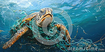 Green sea turtle tangled in fishing net. Concept of environmental pollution. Stock Photo