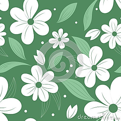 Green seamless floral pattern with white flowers. Vector Illustration