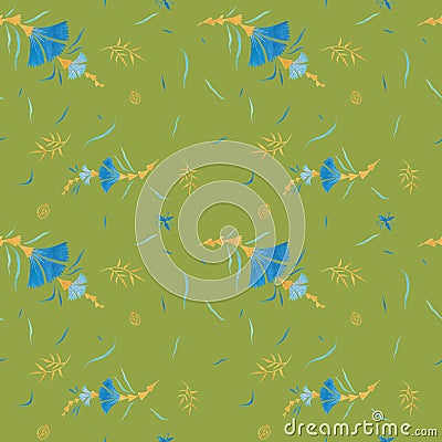 Green seamless pattern with flowers decoration and floral decor Cartoon Illustration