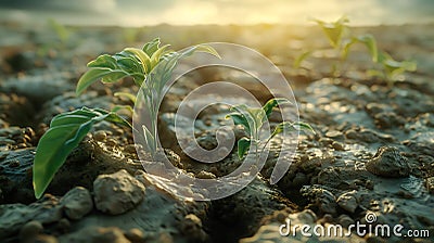 Green seedling growing on the ground in the morning light. Nature background Stock Photo