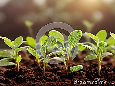 green seedlings in pots on ground, close up, Ai generated Stock Photo