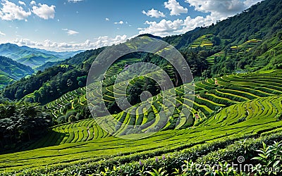 Green Serenity Exploring the Tranquil Beauty of Tea Plantations and Rural Agriculture Landscapes Stock Photo