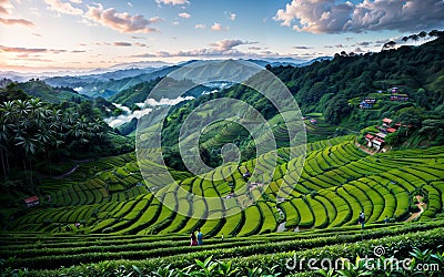 Green Serenity Exploring the Tranquil Beauty of Tea Plantations and Rural Agriculture Landscapes Stock Photo