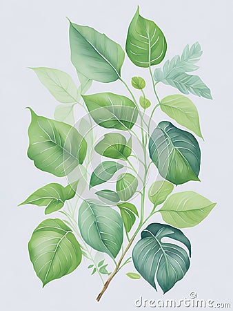 Green Serenity: A Photorealistic Watercolor of Leafy Plants Stock Photo