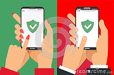 Green Shield on smartphone screen. Male and female Hands hold the smartphone and finger touches screen. icon concept of Web Access Cartoon Illustration