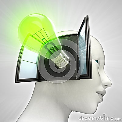 Green shining bulb invention coming out or in human head through window concept Cartoon Illustration