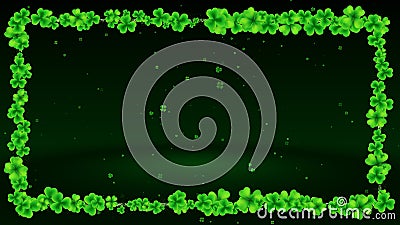 Green Shiny Four And Three Leaf Clovers Glitter Decorative Border Frame On Dark Shiny Falling Clovers Floored Space Stock Photo