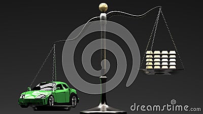 Green shiny sports car on a scale with a stack of gold bars Stock Photo