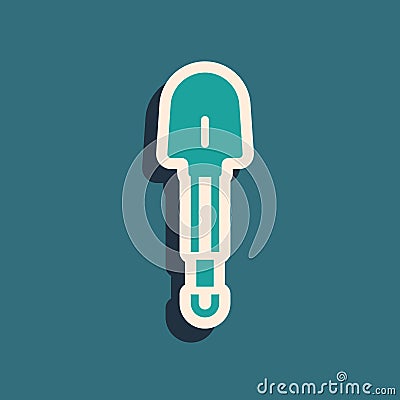 Green Shovel icon isolated on green background. Gardening tool. Tool for horticulture, agriculture, farming. Long shadow Vector Illustration