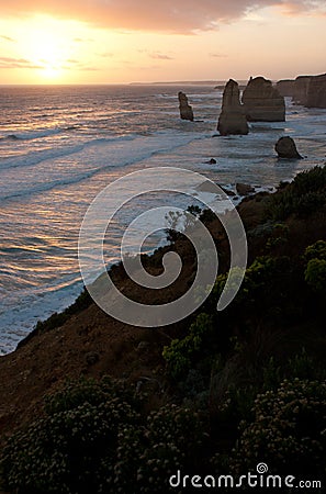 Green shrub and the sunset at Twelve Apostles on the Great Ocean Road in Australia Stock Photo