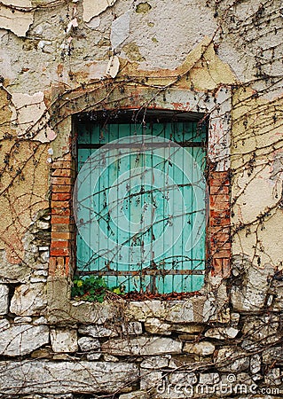 Green Shuttered Window in Postach Stock Photo