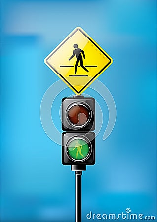 Green signal, Traffic lights for people crosswalk isolated on sky blue background Vector Illustration