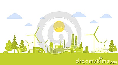 Green Silhouette City With Wind Turbine Clean Nature Ecology Environment Concept Vector Illustration