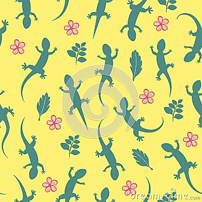 Green silhouette lizard gecko. Seamless pattern background. Vector illustration isolated on yellow background. Vector Illustration