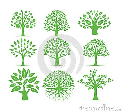 green silhouette tree vector logo design set Stock Photo