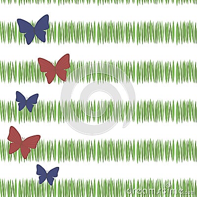 Green simple green grass stripes postcard freshness tea vegetation with red and blue butterflies vertically with the left edge iso Vector Illustration