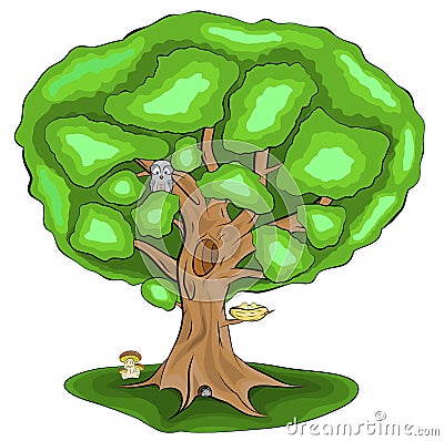 Green, single tree with leaves and animals, owl, mouse, mushroom, nest, eggs, vector illustration in colored version with shadows Vector Illustration