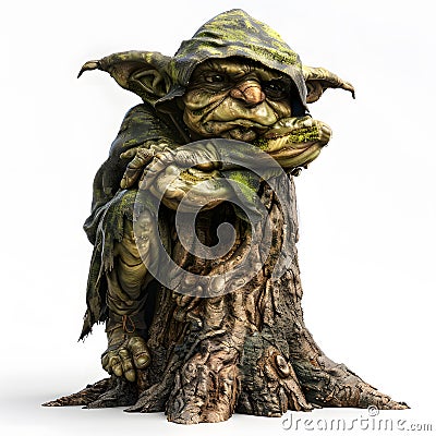 Green-skinned creature with large ears and a serious expression is partially embedded in a tree trunk. Stock Photo