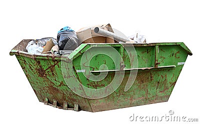 Green skip dumpster for municipal waste or industrial waste, Isolated Stock Photo