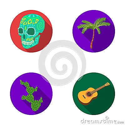 Green skull with a picture, a palm tree, a guitar, a national Mexican instrument, a cactus with spines. Mexico country Vector Illustration