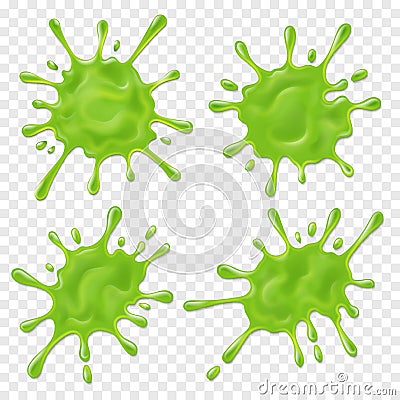 Green slime. Realistic dirt splat, goo dripping splodges of slime. Isolated vector set Vector Illustration