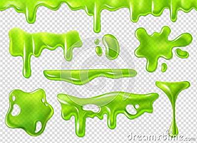 Green slime. Slimy purulent blots, goo splashes and mucus smudges. Realistic halloween elements isolated vector set Vector Illustration