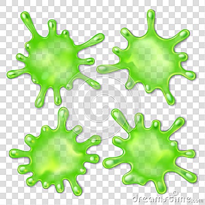 Green slime spot. 3d Splatter snail slug, mucus splash spots with dripping drops vector illustration set Vector Illustration