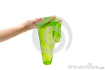 Green slime toy in woman hand isolated on white Stock Photo