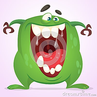 Green slimy monster with big teeth and mouth opened wide. Halloween vector monster character. Cartoon alien mascot isolated Vector Illustration