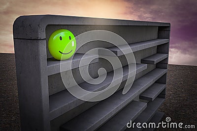 Green smiling emoticon happy inside a maze at sunset magenta sky demonstrating Customer satisfaction rating complicated. 3D. Cartoon Illustration