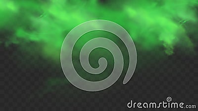 Green smoke isolated on transparent background. Realistic green bad smell, magic mist cloud, chemical toxic gas, steam Vector Illustration