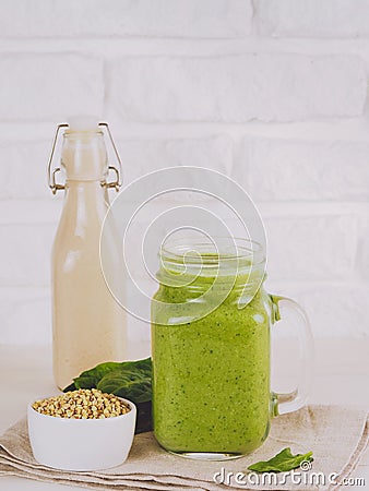 Green smoothie with buckwheat and spinach Stock Photo