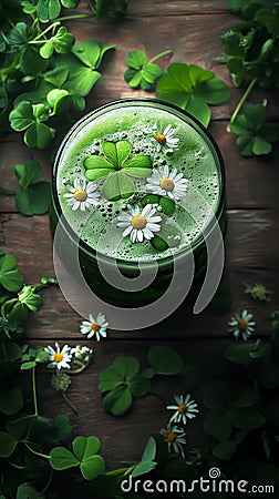 Green smoothie with chamomile flowers and clovers on wooden table, herbal beverage presentation concept Stock Photo